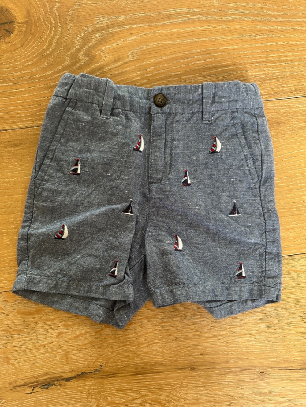 Janie and Jack Navy Chambray Shorts with Embroidered Sailboats